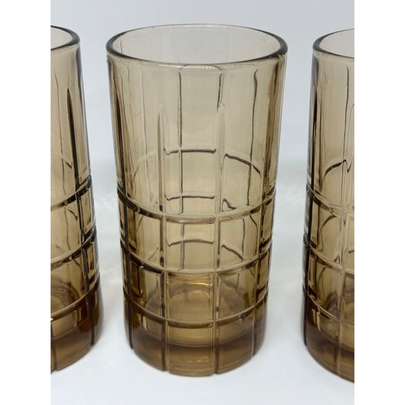 VTG Anchor Hocking Tartan Smoke Brown Tea Tumblers Set of 3 MCM 3"x6" Glasses - Picture 3 of 8